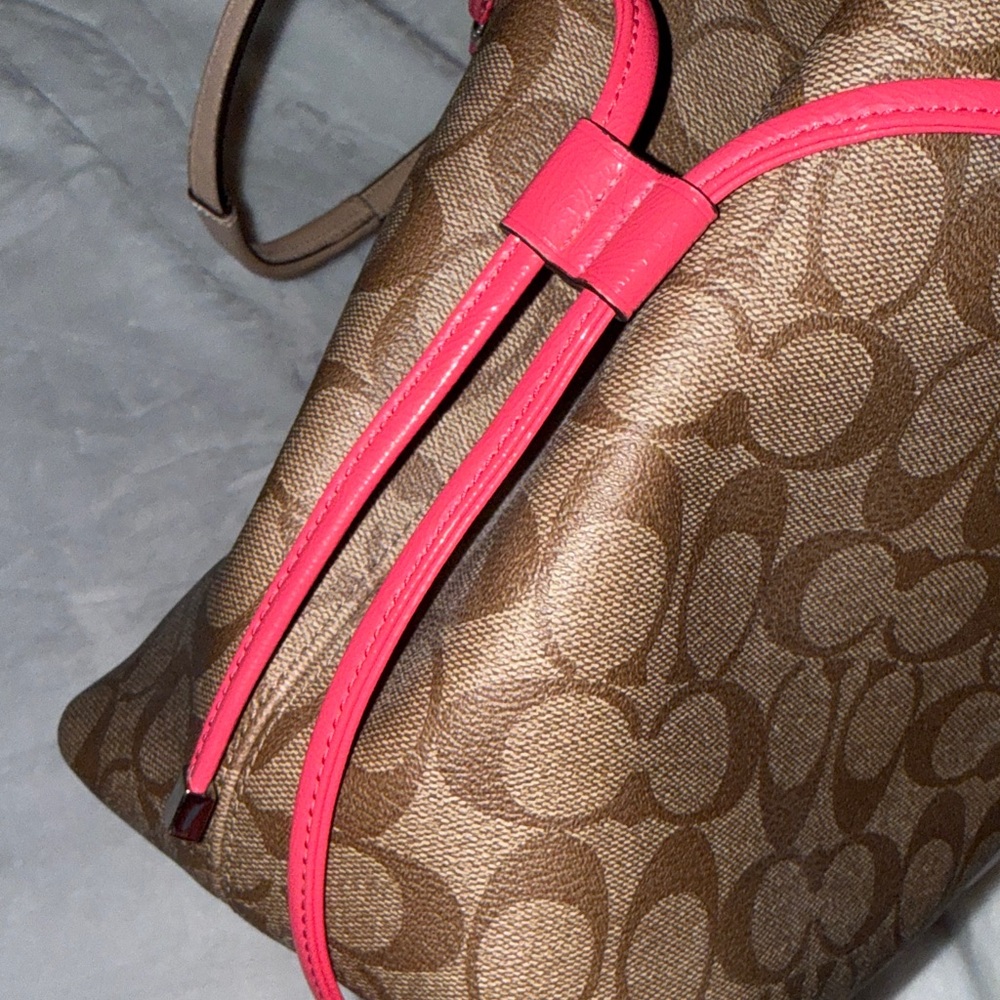 Coach Brown Signature Tote with Pink and White Stripe - Picture 12 of 14